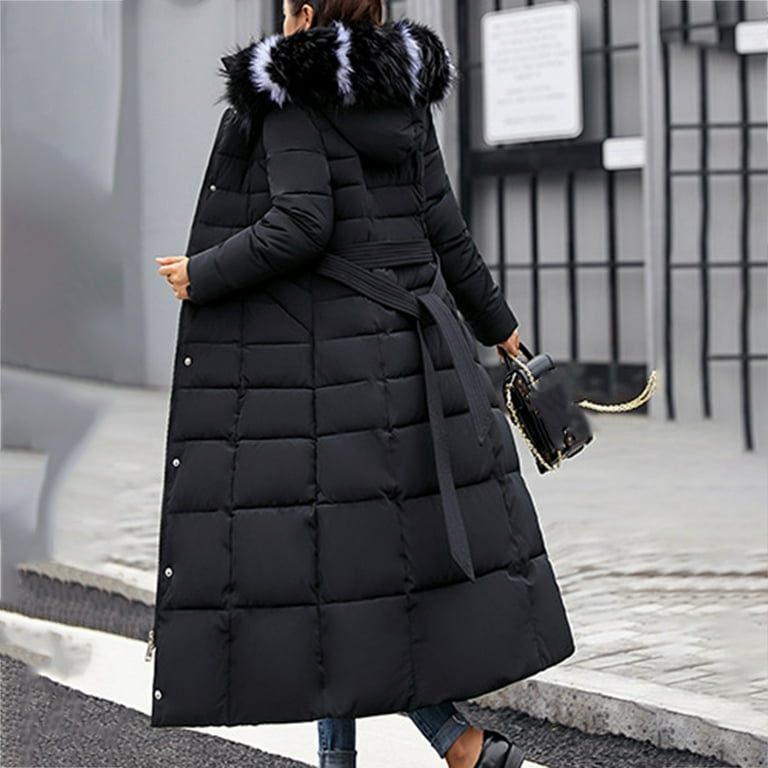 Women s Solid Color Long Hooded Lace Up Wool Collar Cotton Jacket Pocket Long Sleeve Coat Anorak Lined Jacket Women Bubble Jackets Women Women Jacket Coat Nitrous Hooded down Coats Women Womens Long