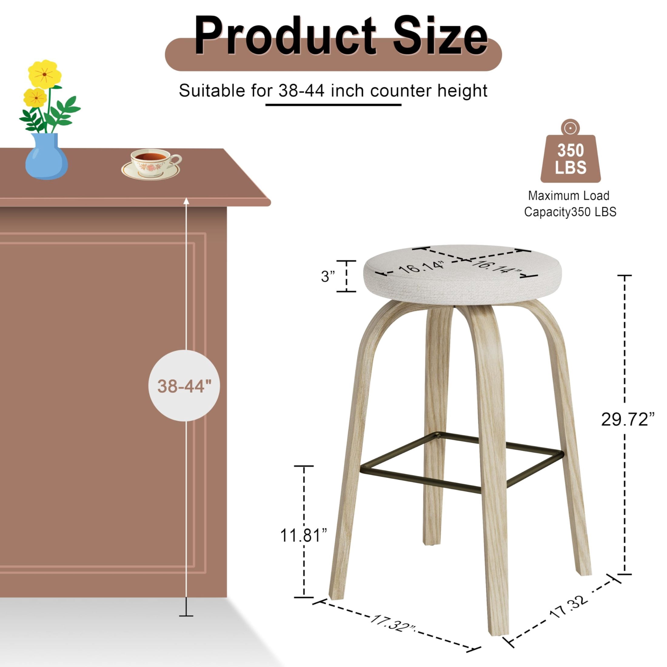 Noble House Florin 30" Swivel Backless Counter Height Bar Stools with Upholstered Seat & Bentwood Legs, Beige, Set of 2
