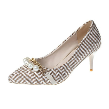 

Kenklcie European And American Unisex s Pointed High Heel Pearl Chain Fashion Casual Shoes