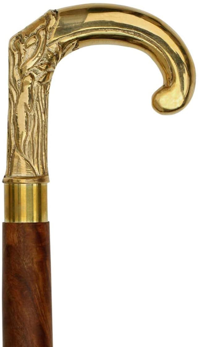 Vintage Golden Brass Crow Head Handle Walking Stick Brown Wooden Cane Handmade 