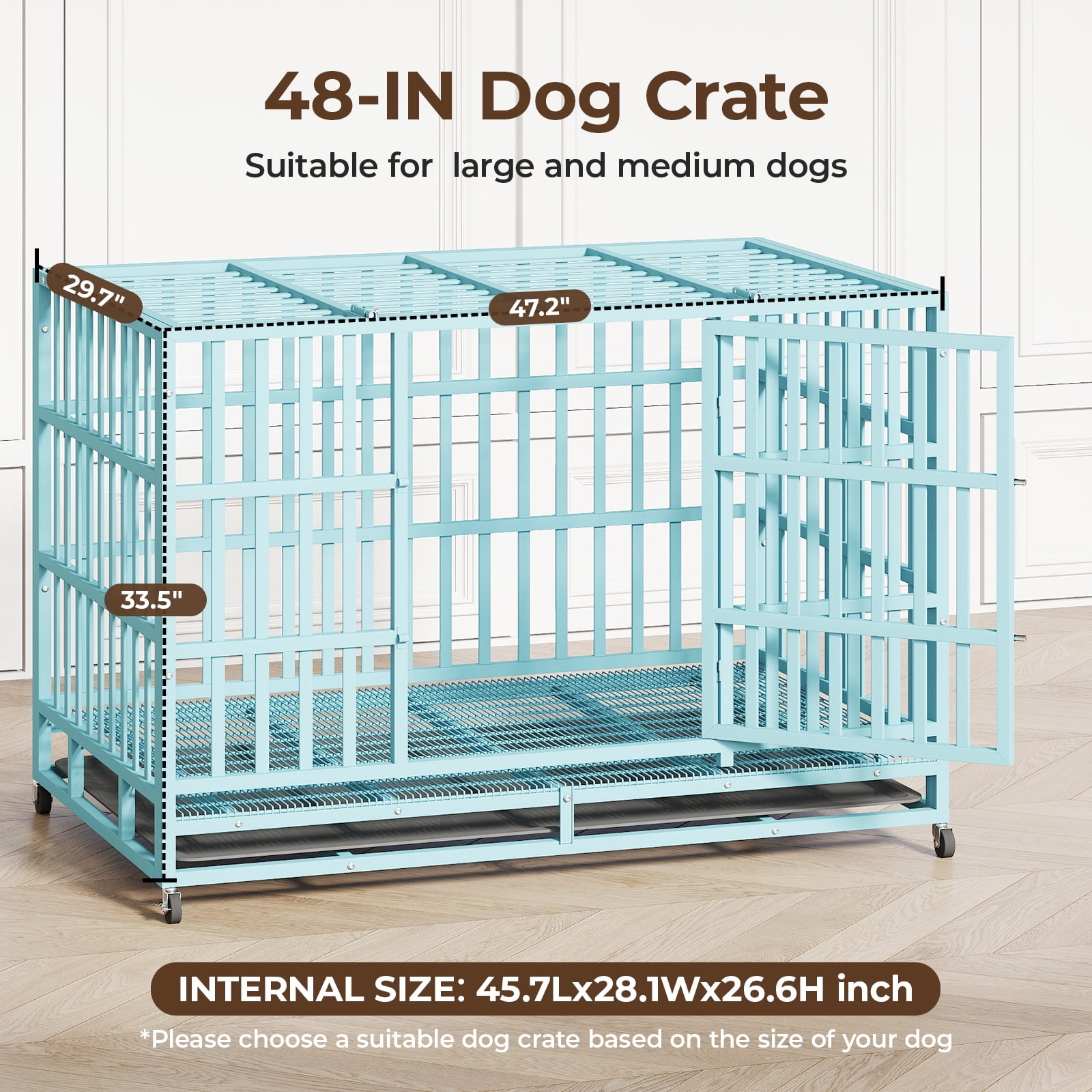 TIME RAY 48" Heavy Duty Dog Crate,Indestructible High Anxiety Dog Crate Cage for Outdoor and Indoor with Removable Tray,Blue