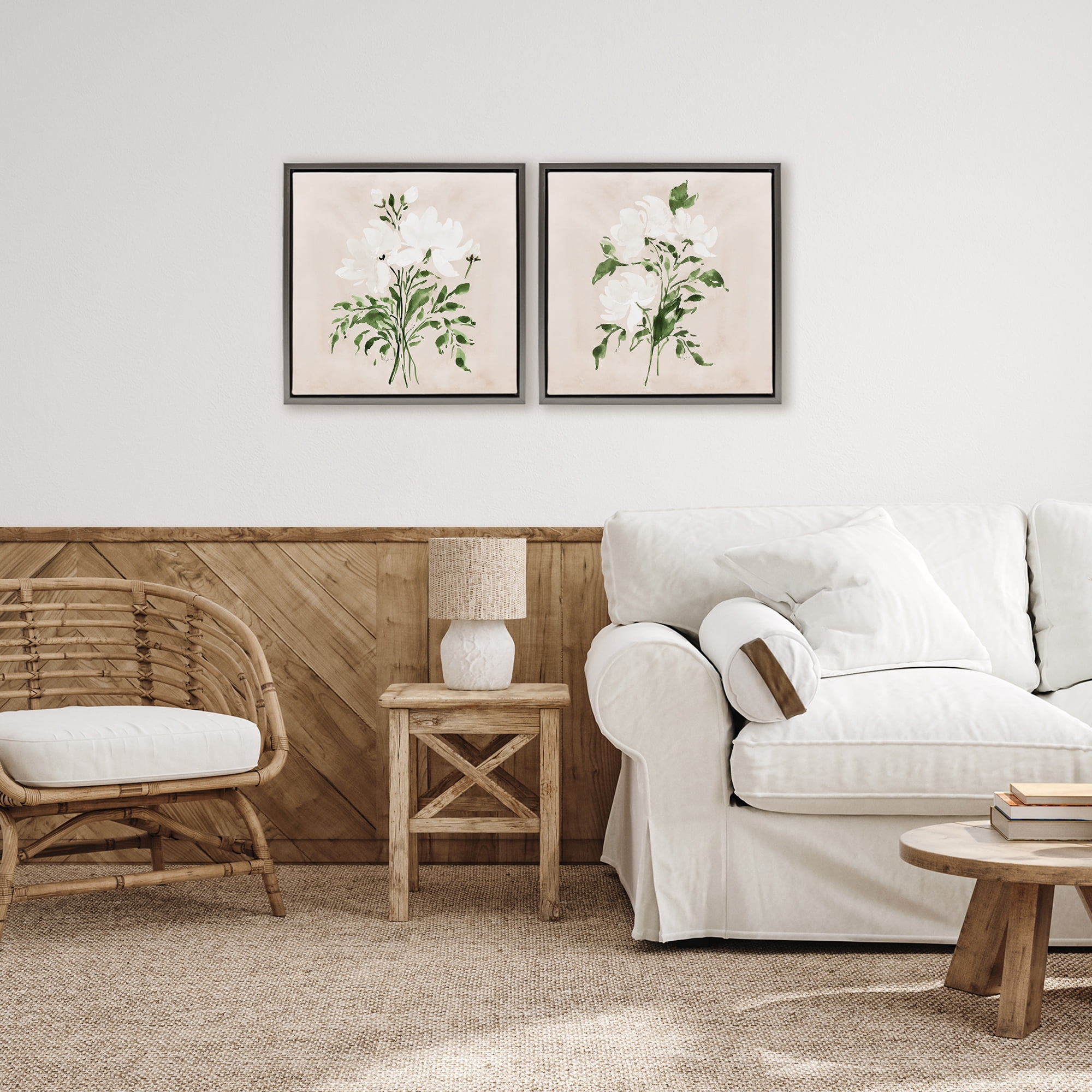 Stupell Industries White On Tan Botanicals 2 Piece Gray Framed Floater Canvas Set, design by Lucille Price