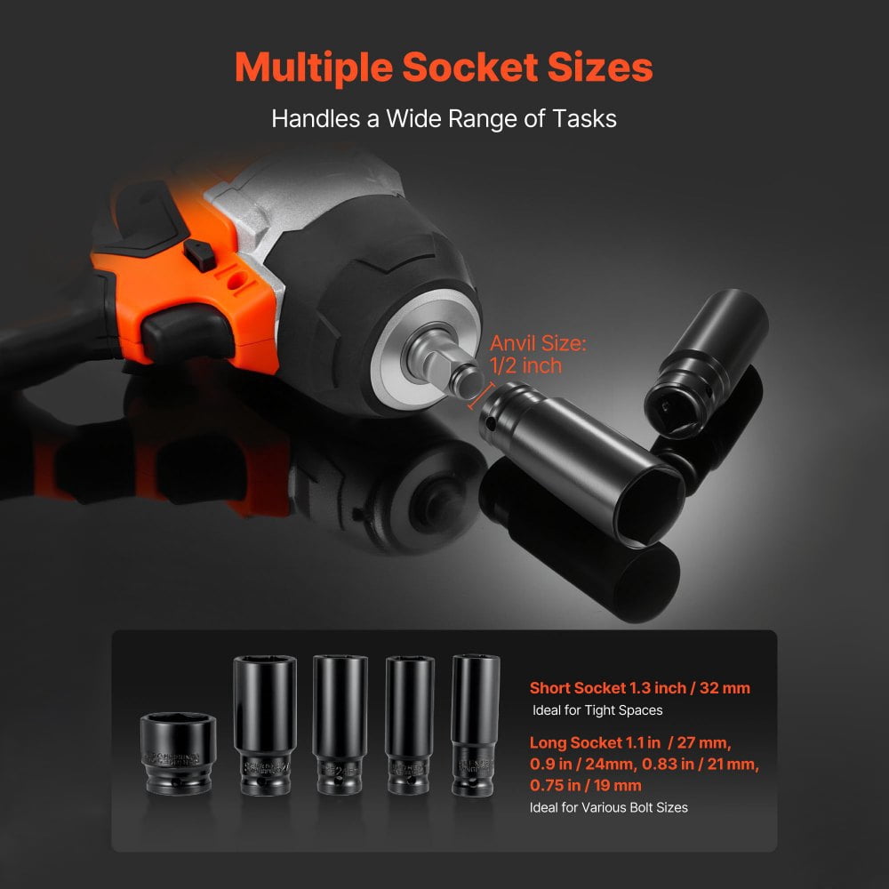20V Cordless Impact Wrench 1/2", 1300Nm High Torque Brushless Motor, 2×4Ah Batteries, Charger, 5 Sockets, Belt Clip