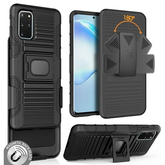 Case with Clip for Galaxy S20 Plus, Nakedcellphone Black Rugged Ring Grip Cover [with Stand and Built-In Mounting Plate] and [Belt Hip Holster] for Samsung Galaxy S20 