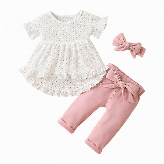 Xyant Toddler Baby Girl Summer Clothes Short Sleeve Lace Hollow Tunic Top Dress Bow Pants Headband 3Pcs Set Infant Spring Outfits (Pink,18-24 Months)