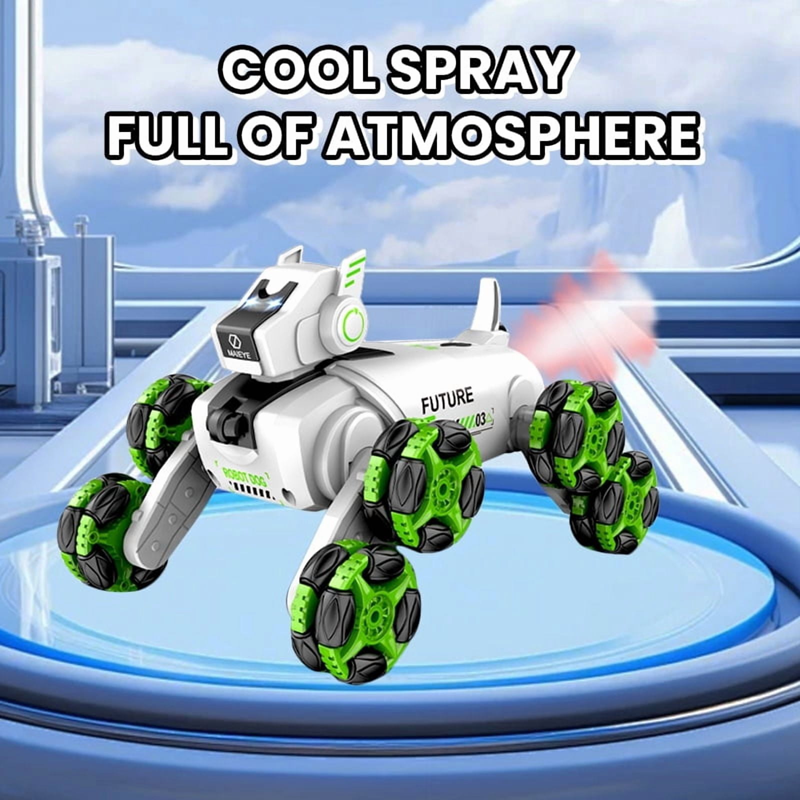 RC Robot Dog Toys, 360° Interactive Robotic Dog with Lights Music Spray 2 Batteries for Kids Ages 3+