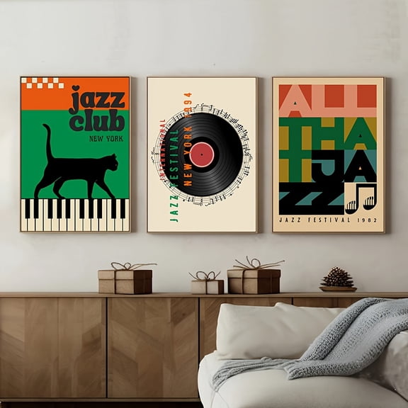 Set of 3 Unframed Jazz Vinyl Musical Retro Art Poster Music Lover Mid Century Vintage Painting Canvas Print Wall Picture for Dorm,Apartment,Living Room,Bedroom,Modern Home Decoration