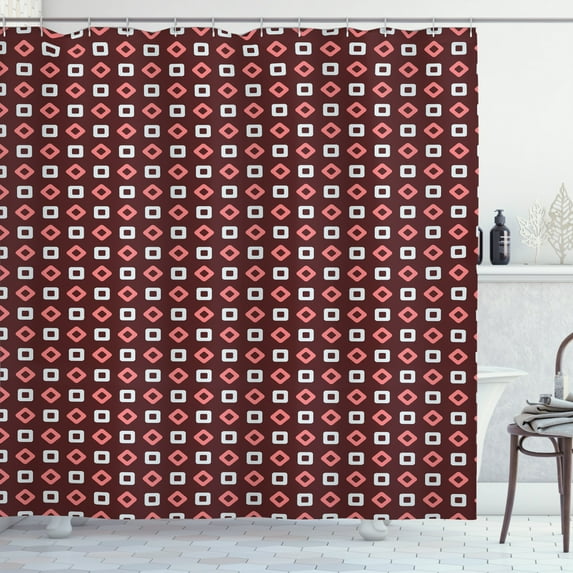 Abstract Geometry Shower Curtain, Pattern of Rhombus and Squares Diagonal Motifs Elements, Fabric Bathroom Set with Hooks, 69W X 70L Inches, Redbrown Pink and Baby Blue, by Ambesonne
