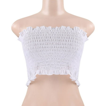 Black Strapless Tank Top Women Off Shoulder Elastic Tube Tops Strapless Bandeau Tops Ladies Shirred Crop Tops Tank Top White S ()