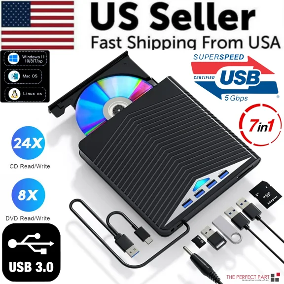 (LK-LTD)--External CD DVD Drive For PC Laptop Windows 11 10 USB 3.0 Burner Reader Writer**--(hg5498d )