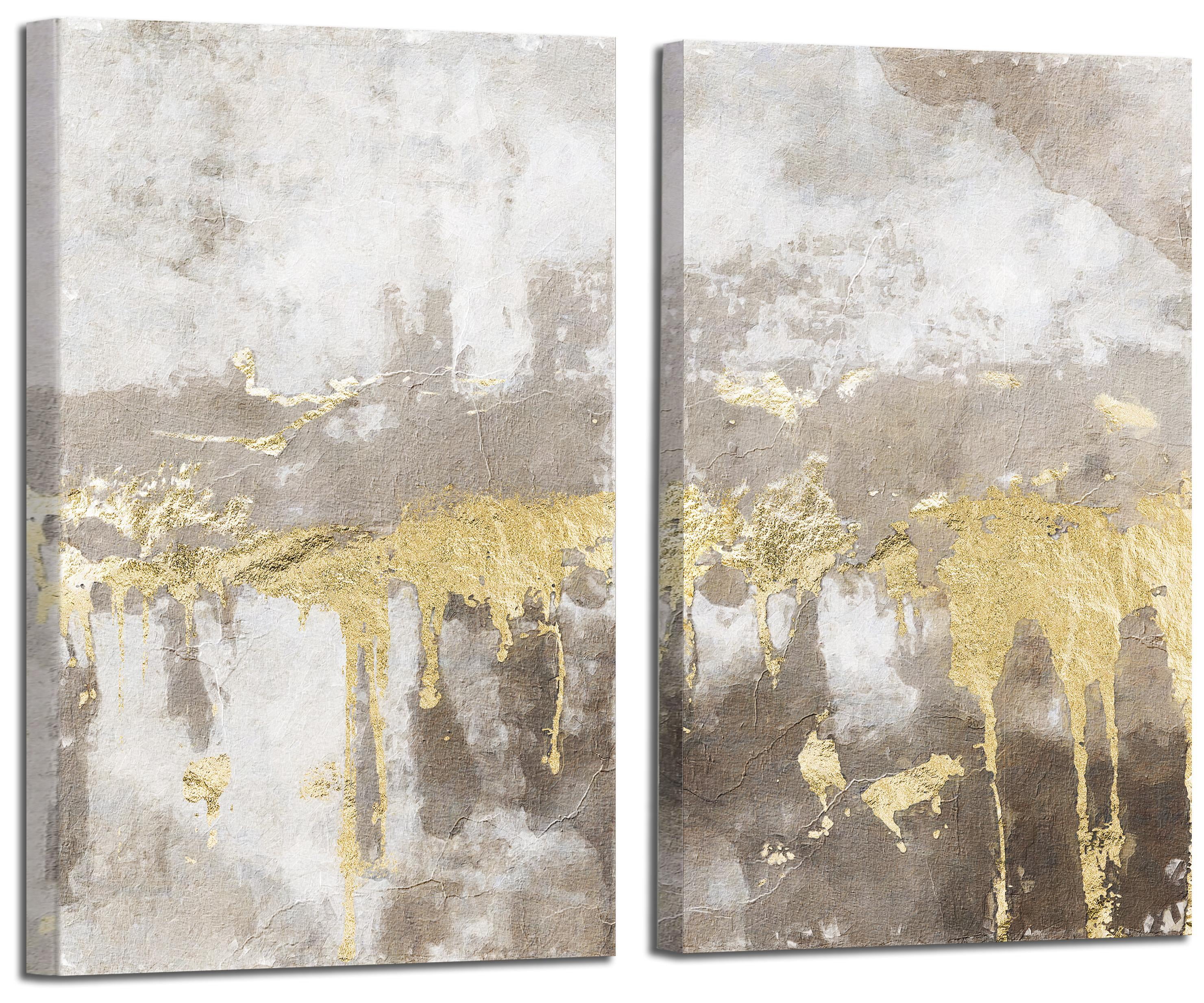 ArtbyHannah 2 Pieces 16x24 inch Modern Abstract Framed Canvas Wall Art Set with Gold Foils for Living Room Ready to Hang
