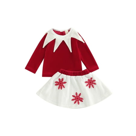 

Toddler Baby Girl Christmas Outfit Long Sleeve Buttons Loose Tops Snowflake Half A-Line Pleated Skirt Autumn Summer Clothes Set