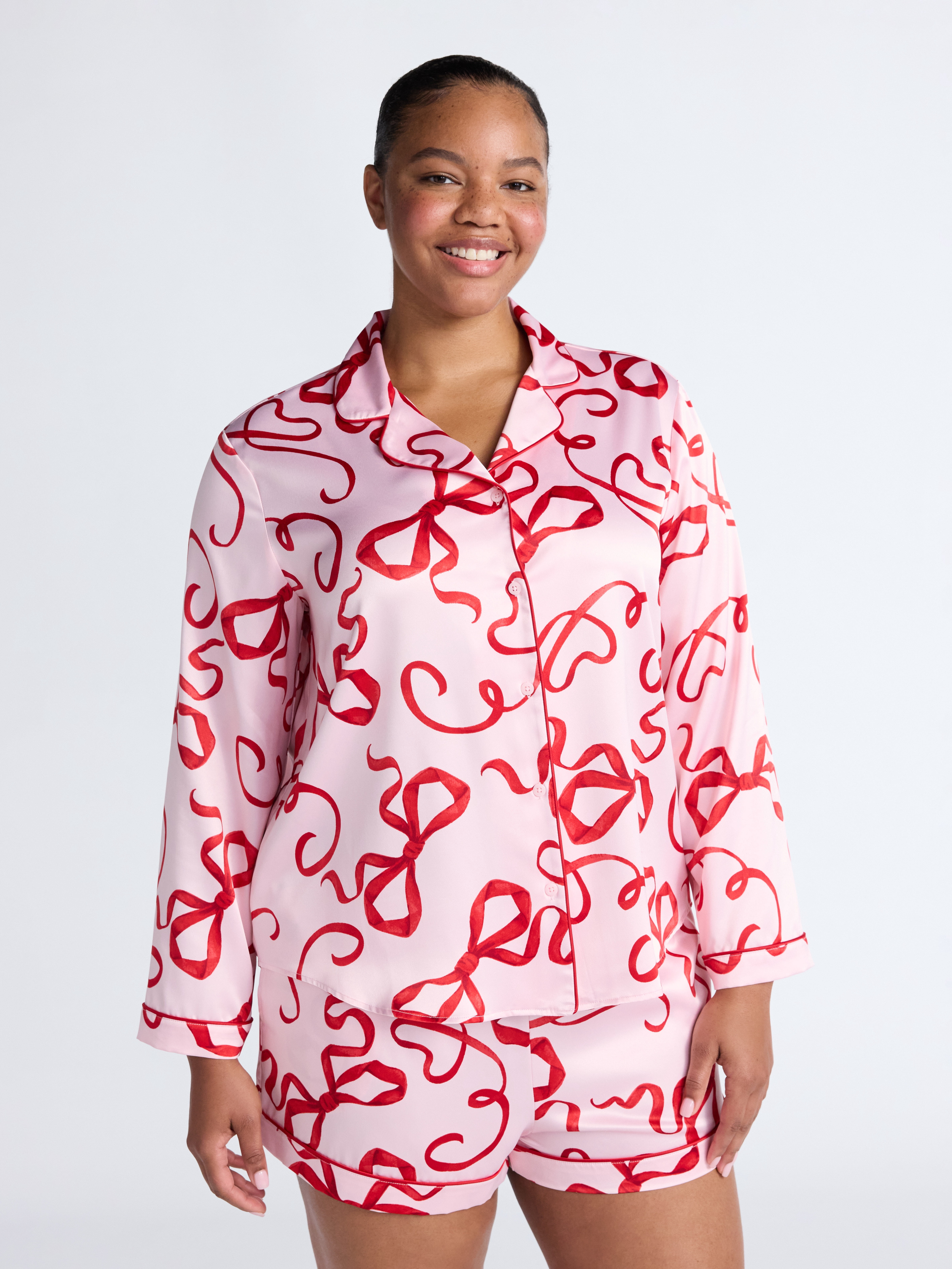 Joyspun Women’s Stretch Satin Notch Long Sleeve Top and Shorts Pajama Set, 2-Piece, Sizes XS-3X