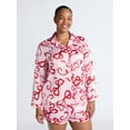 thumbnail image 2 of Joyspun Women’s Stretch Satin Notch Long Sleeve Top and Shorts Pajama Set, 2-Piece, Sizes XS-3X, 2 of 6