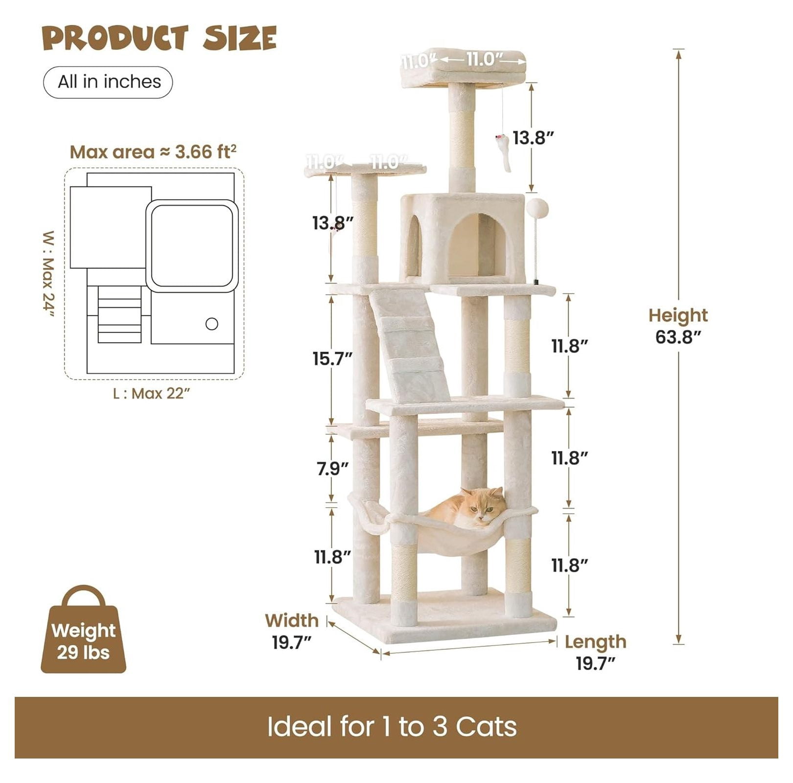 Cat Tree 63.8 inches, Multi-Level Tower for Large Cats, Sisal Scratching Posts, Hammock & Condo, Stable Pet Play House - Beige