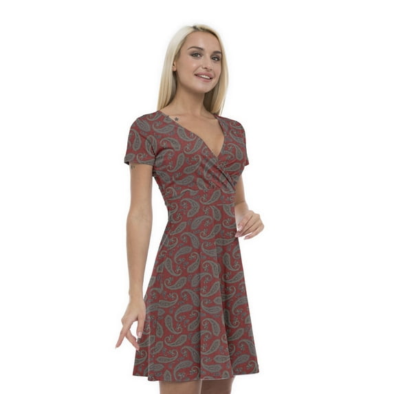 Women’s A Line Paisley Summer Dress, Retro Triangle Arrangement, Cross Wrap V Neck, 6 Sizes, by Ambesonne