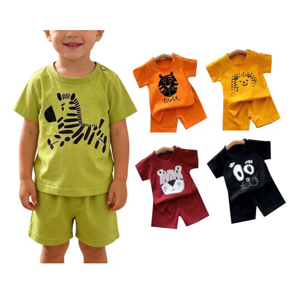 Vornjynx Boys Outfits 2 Piece Short Sleeve Cotton T-Shirt and Shorts Cartoon Print Comfort Soft Kids Summer Casual Trendy Clothes Green Size 8