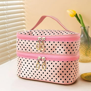 Portable Cosmetic Bag Organizer | Double Layer Travel Makeup Train Case | Hard Shell Zipper Toiletry Storage for Brushes & Beauty Tools | Compact Make Up Kit Carrier for Women Girls | 1 Piece