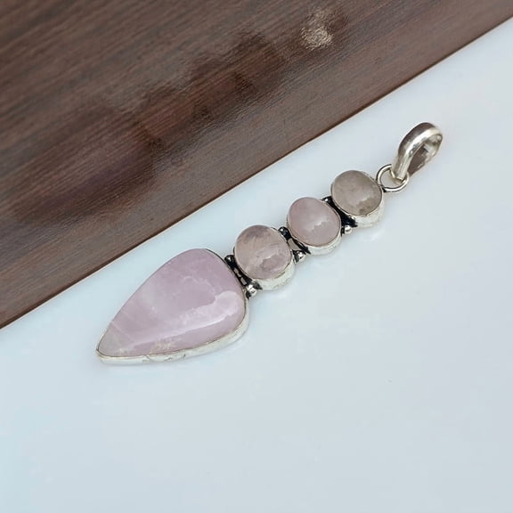 Natural Rose Quartz Moonstone Gemstone Pendant 925 Sterling Silver Handmade Jewelry