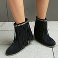 thumbnail image 6 of Leozcaa Cowboy Ankle Boots Women Tassel Western Booties Chunky Heel Suede Fringe Slip On Short Boots, 6 of 9