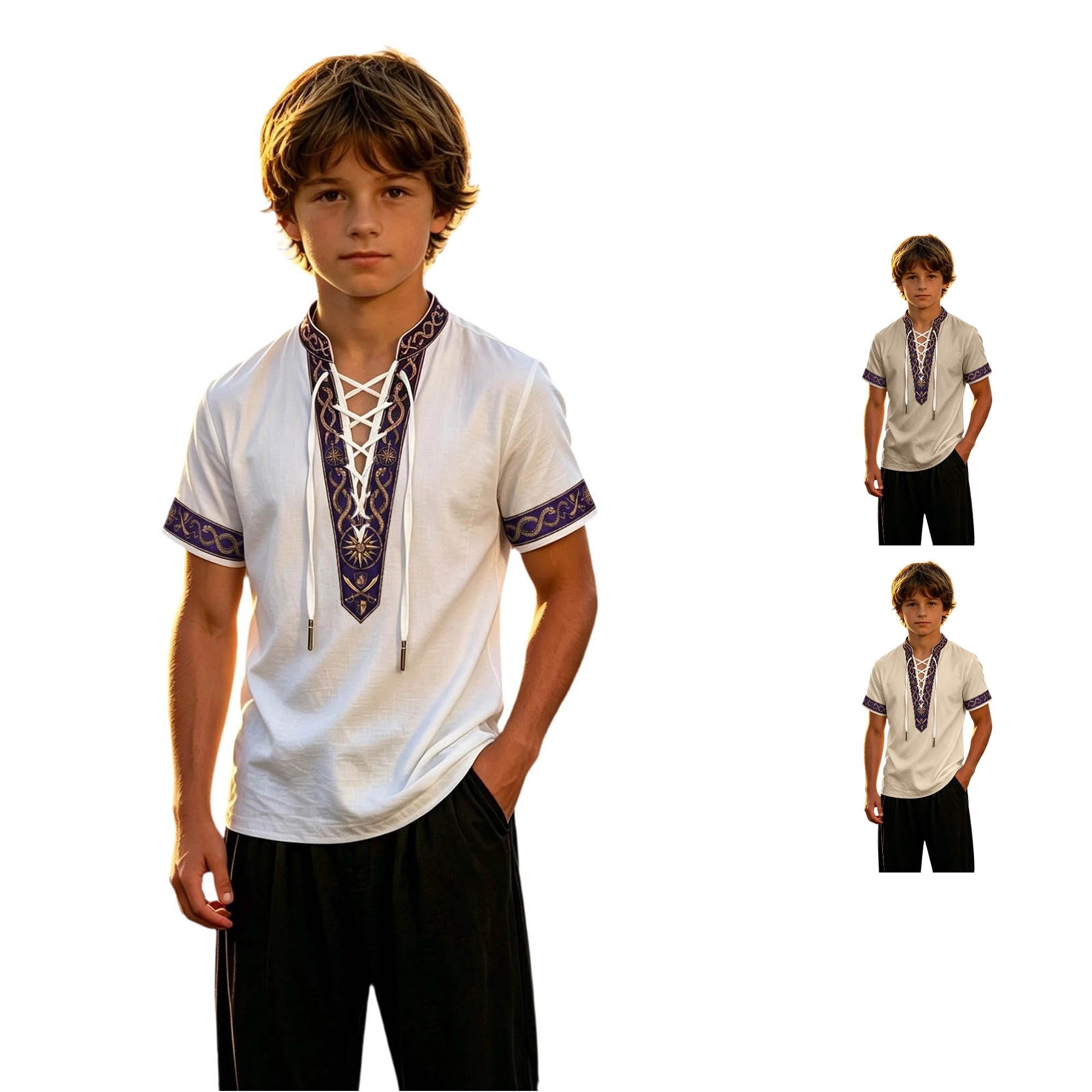 Oiyii Halloween Lace‑Up Tshirt for Big Boy Celtic Sun Ornament Print Short Sleeved T Shirt