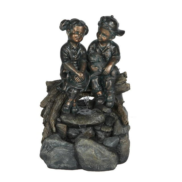 LuxenHome Résine Bronze Enfants et Chien Éclairé Fontaine Extérieure