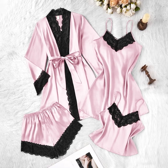 Womens 4 Piece Pajama Sets Plus Size Satin Sleepwear Lace Trim Sexy Loungewear Nightgowns Comfy for Women Casual Matching Pj Set