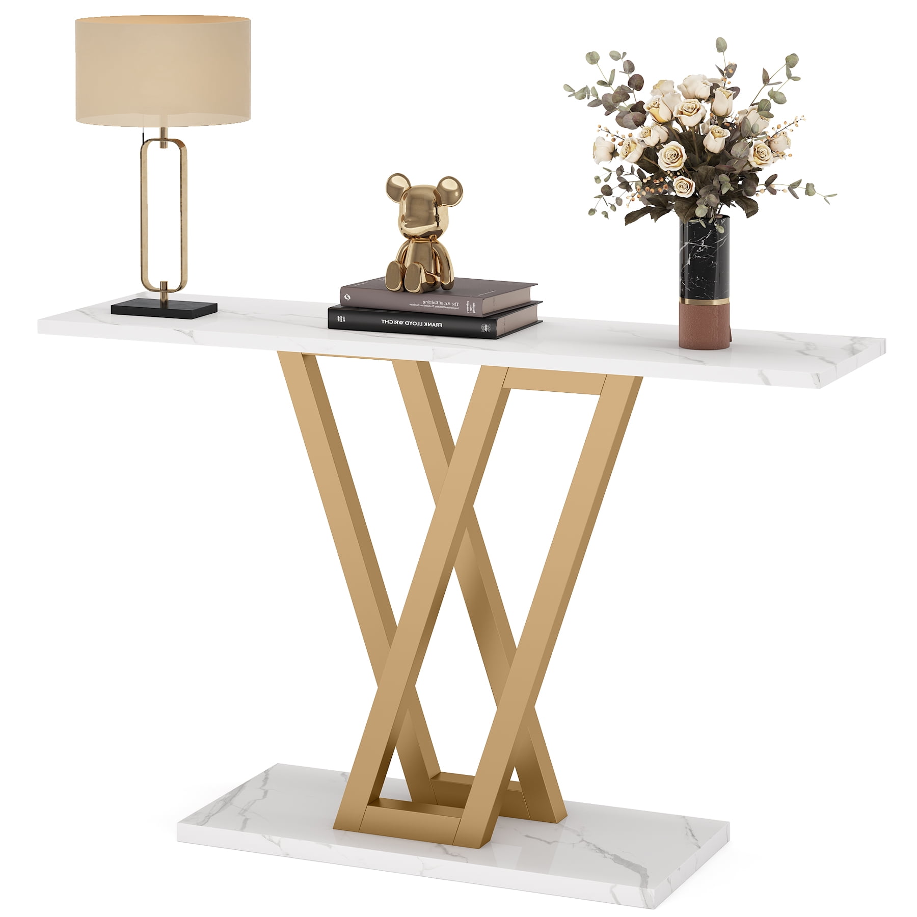 Tribesigns Gold Console Table, Modern Hallway Table for Entryway, 43 Inch Entryway Tables Narrow Sofa Table for Living Room, Stable Metal Frame & Easy Assemble, Faux Marble White