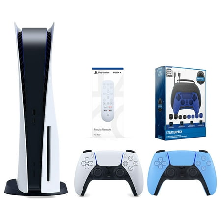 Sony Playstation 5 Disc Version Console with Extra Blue Controller, Media Remote and Surge Pro Gamer Starter Pack 11-Piece Accessory Bundle