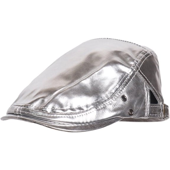 Vjnyvs Metallic Silver Newsboy Cap - PU Leather Ivy Hat for Men Women, Adjustable Gatsby Flat Cap, Retro Beret for Daily Wear