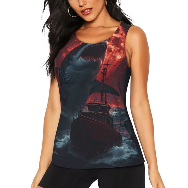 Balery Red Moon Shark Sailboat Camiseta sin mangas estampada ligera para mujer, tops de entrenamiento sin mangas, camisetas de yoga transpirables de secado rápido.-Small