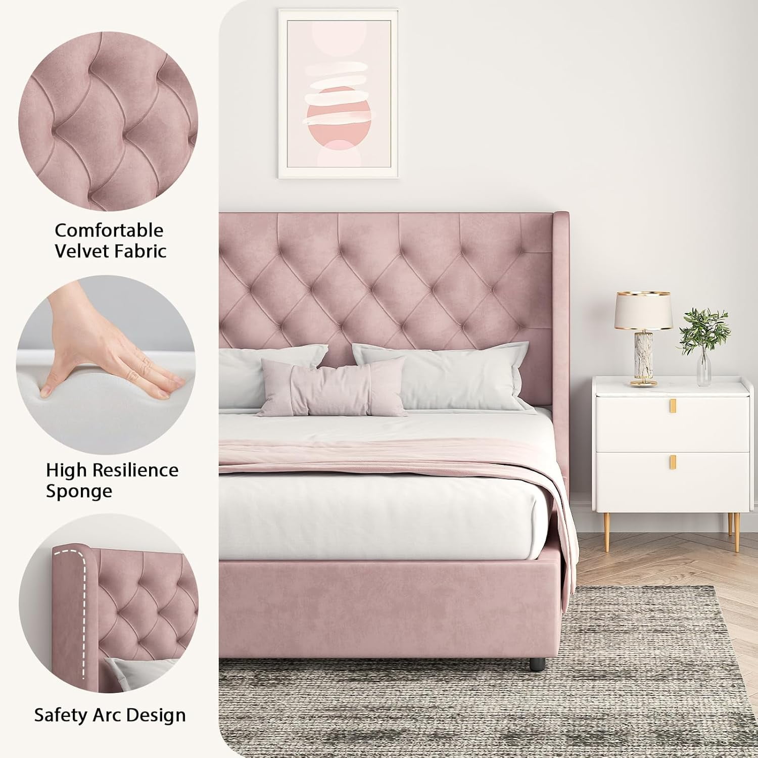 4 EVER WINNER Full Size Bed Frame, Pink Full Bed Frame, Modern Upholstered Platform Bed Frame with Button Wingback Headboard, Pink