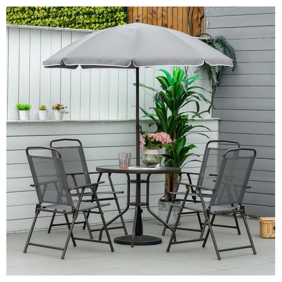 Patio Dining Set for 4, Outdoor Table & Chairs with Umbrella, Folding Chairs, Round Glass Table, Garden Furniture Set, Gray