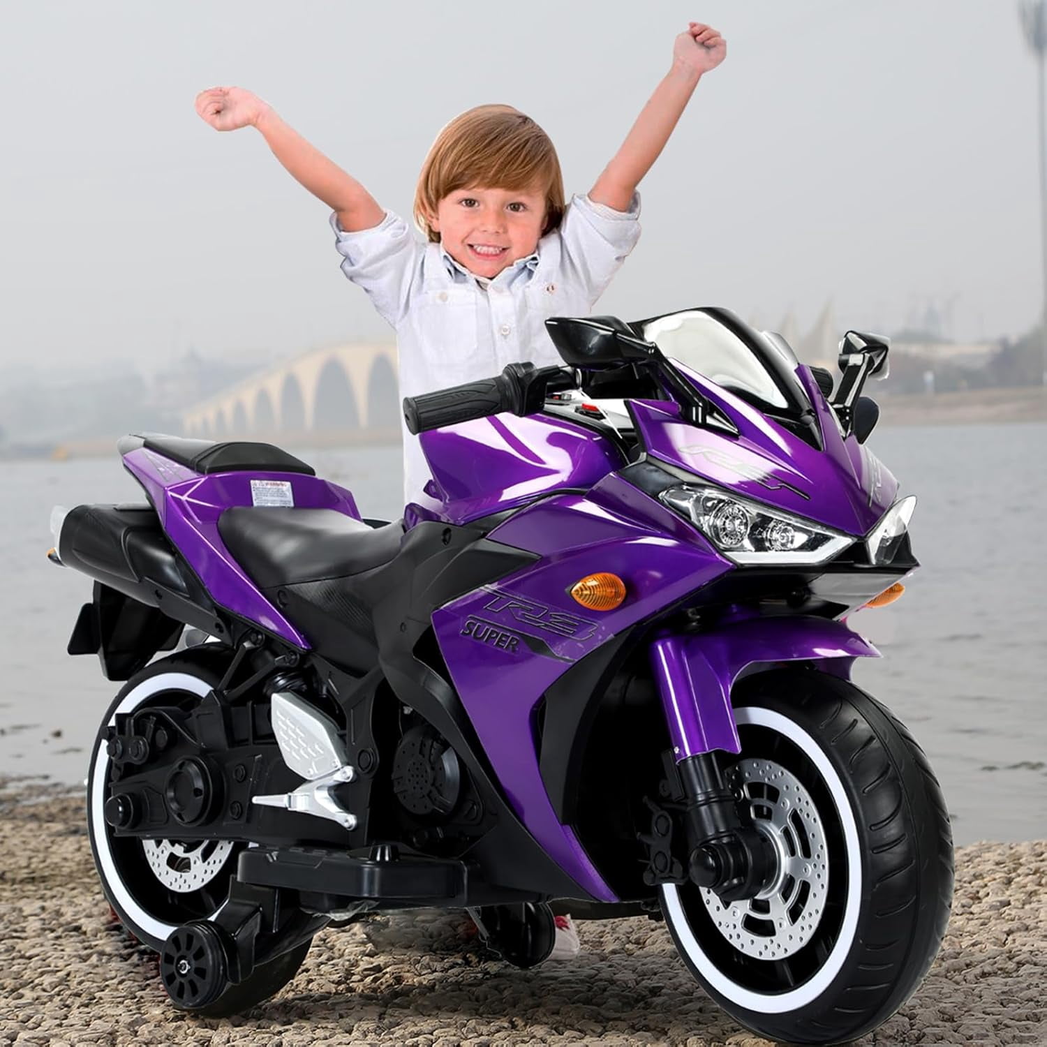 HONGLONG 12V Motorcycle for Kids, Children Battery Motorcycle 2 Wheels Motorbike Ride on Kids Electric Motorcycle with Lighting Wheels/LED Lights, Music, Purple
