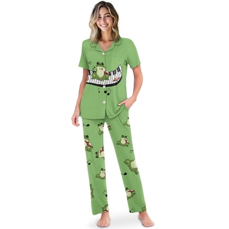 TSOVTHRID Frog Mushroom Music Note Piano Keyboard Print Women s Pajama Sets Button Down Pajama with Long Pants Soft Two-Piece Loungewear Pj Sets Easter Clothing Size L