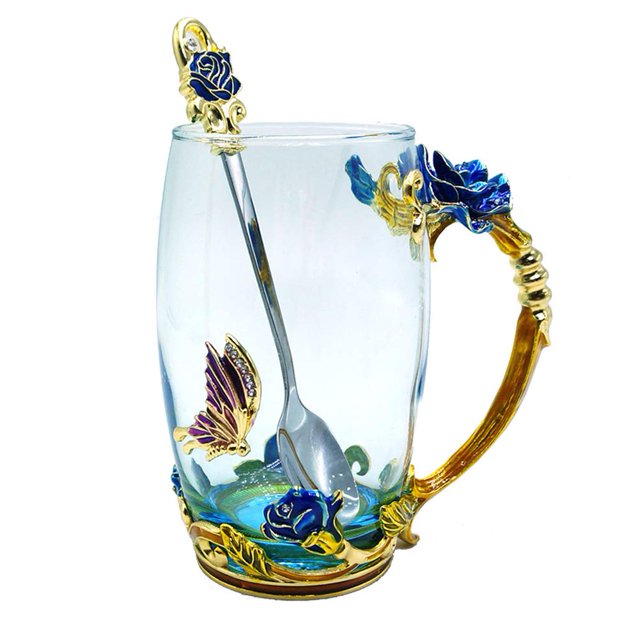 Tea Cup Coffee Mug Cups, Clear Glass Coffee Cups Tea Mugs with Spoon Set Handmade Enamel Butterfly Rose Flower