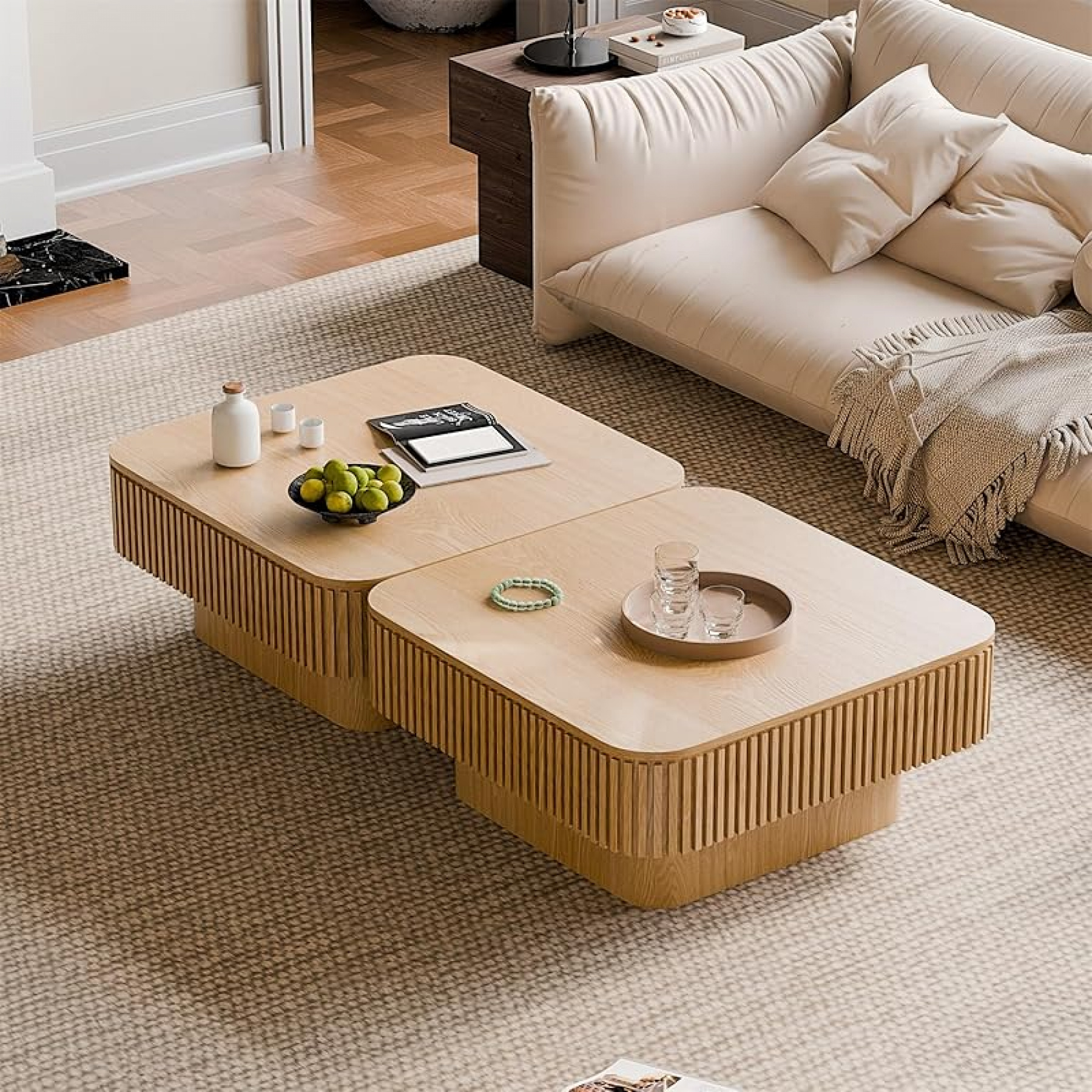 LKTART Square Coffee Table for Living Room,Fluted Drum Accent Tea Center Table with Storage,Solid Wood Modern Coffee Tables for Small Space Of Apartment (31.5" L×31.5''W×14''H-Natural)