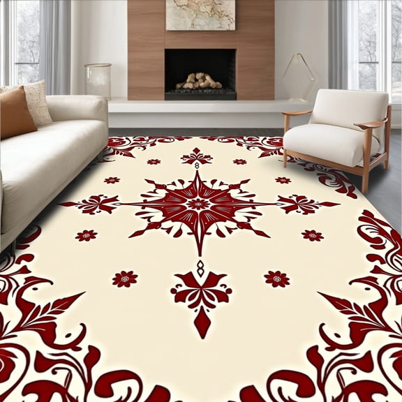 ODIKA 4'x6' Machine Washable Non-Slip Area Rug, Blooming Botanical Garden Medallion High Traffic Rug, Ivory, 663173