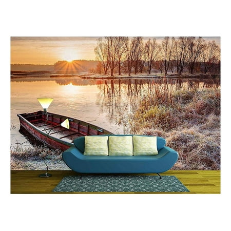 wall26 - Calm Water of Lake, River and Rowing Fishing Boat at Beautiful Sunrise in Autumn Morning. - Removable Wall Mural | Self-adhesive Large Wallpaper - 100x144 (Best Boat For River And Lake Fishing)