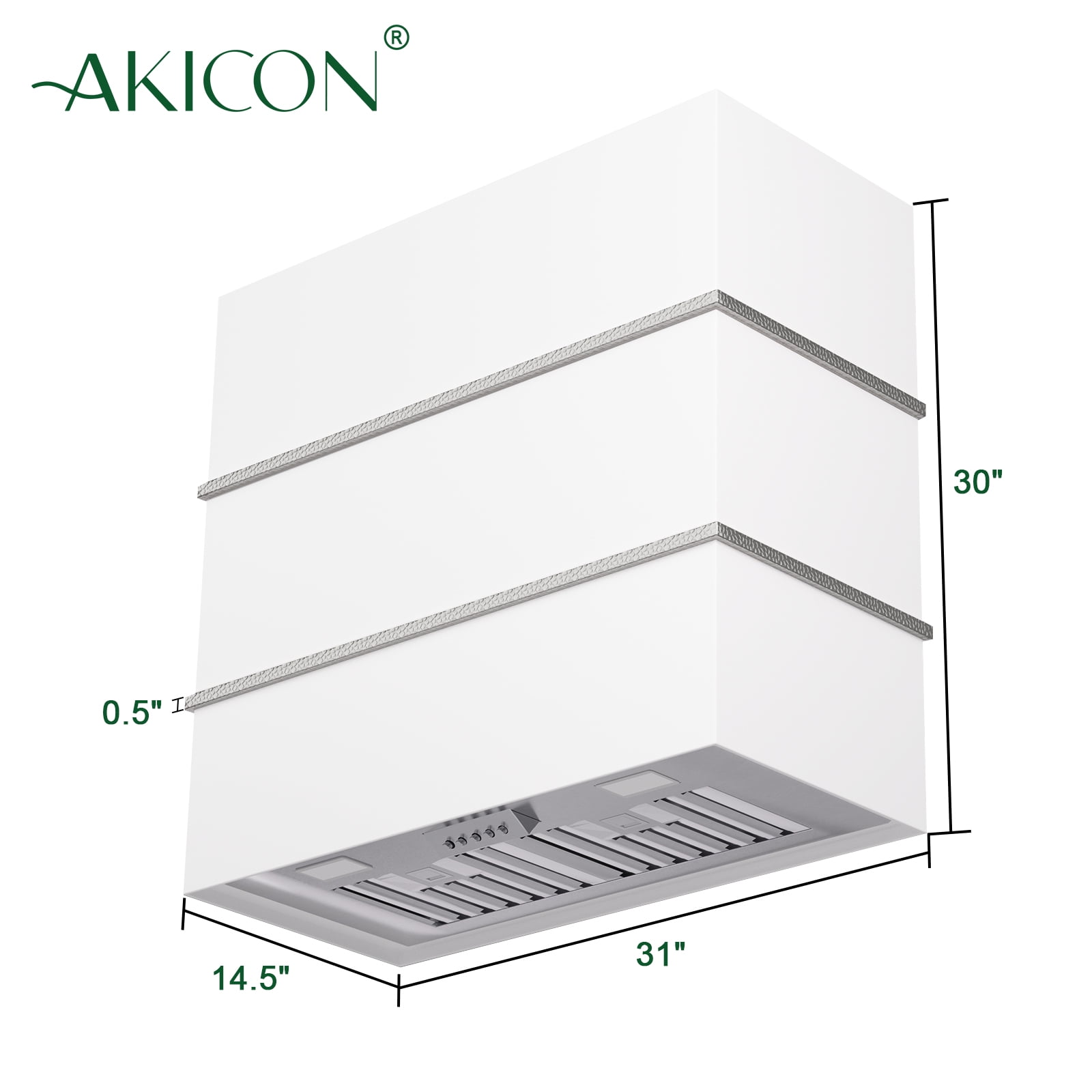 Akicon 30 inch Kitchen Range Hood with 600 CFM, Stainless Steel Wall Mounted Ducted Range Hood, 3 Speed Fan with LED Light, Powerful Vent Motor, Signal White with Nickel