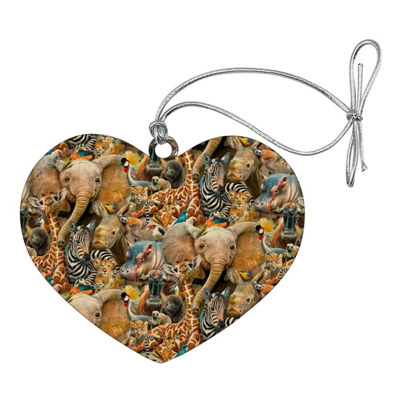 African Animals Zebra Giraffe Elephant Pattern Heart Love Wood Christmas Tree Holiday Ornament