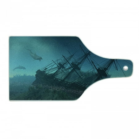 

Nautical Cutting Board Dolphins Ruined Wreckage Underwater Sunken Ship Mystery Treasure Decorative Tempered Glass Cutting and Serving Board Wine Bottle Shape Slate Blue Pale Blue by Ambesonne