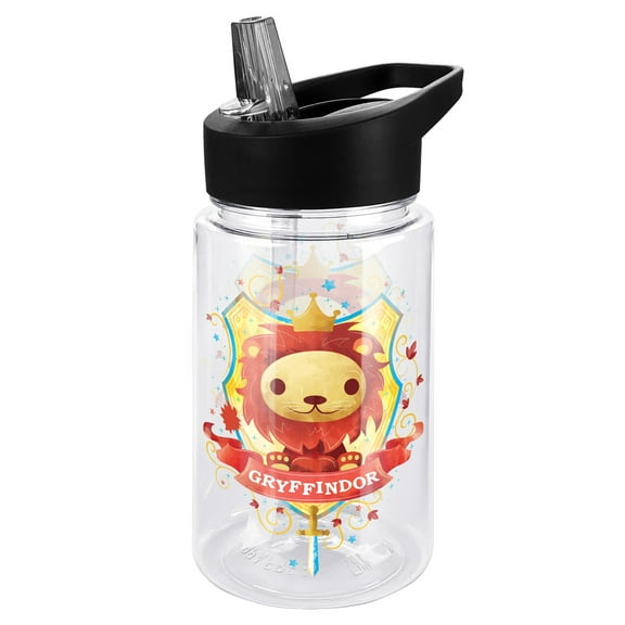 Harry Potter Kids Tritan Plastic Water Bottle with Straw Lid and Handle, Reusable Tumbler for Toddlers, Unisex for Girls and Boys, 12oz, Gryffindor Crest