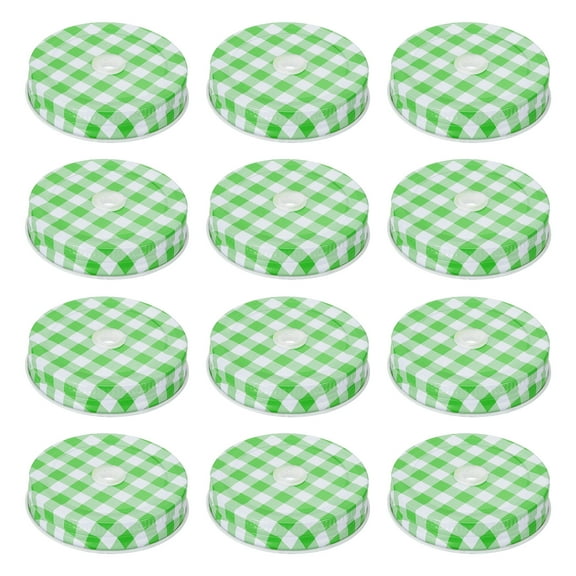 12pcs Mason Jar Lids 2.76" Tinplate Canning Lids with Straw Hole, Green Gingham
