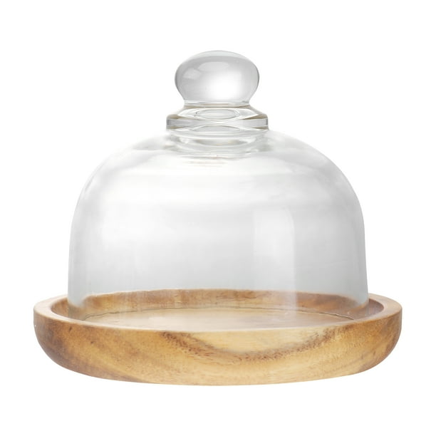 juego de mini bandejas de postre de madera, planas y redondas, soporte para tartas con cúpula de cristal.