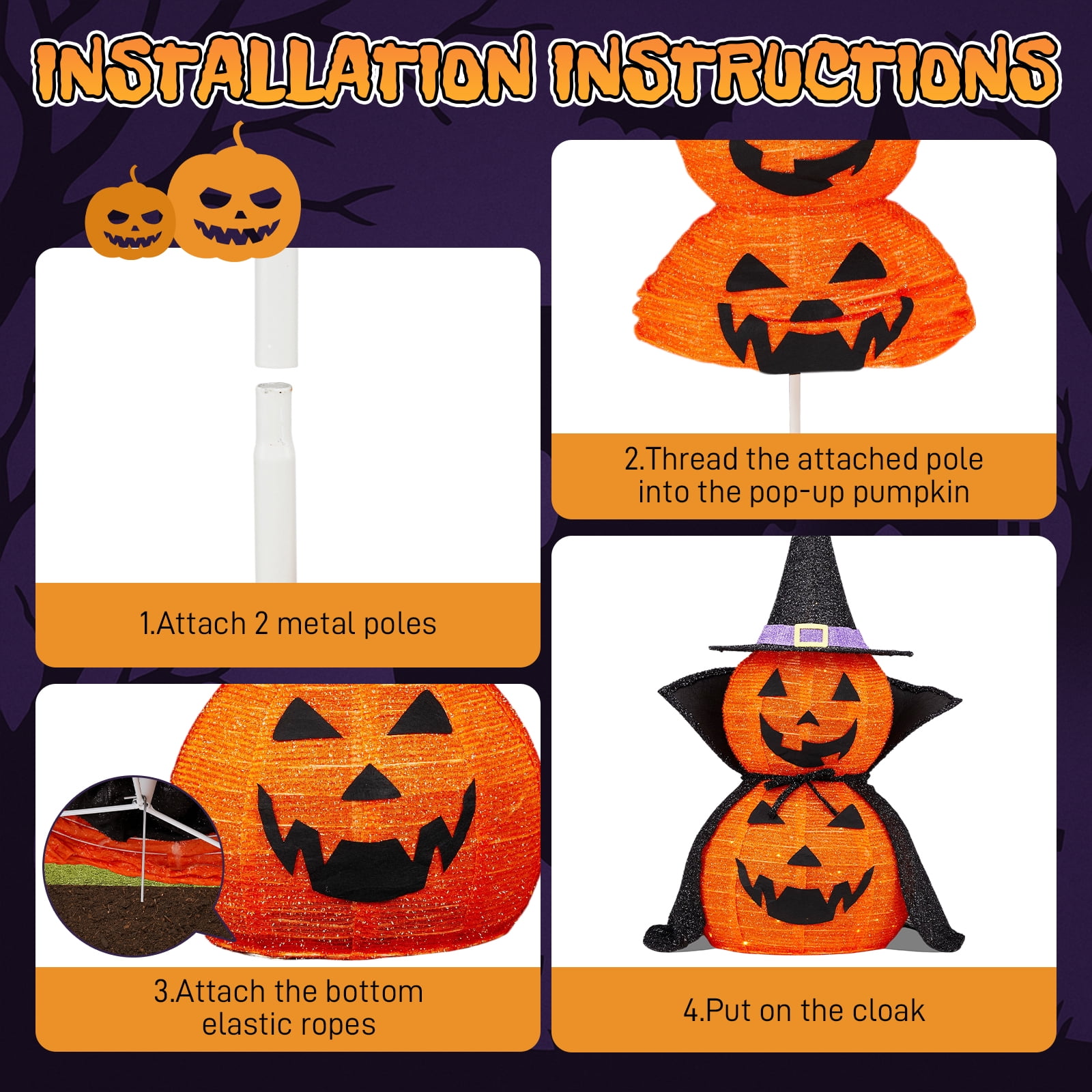 2Packs 3ft Collapsible Lighted Jack-O-Lantern Halloween Decor 176 LED Pop-Up Pumpkin Lamp Wizard Hat Cape Metal Frame For Indoor Outdoor Yard Decor