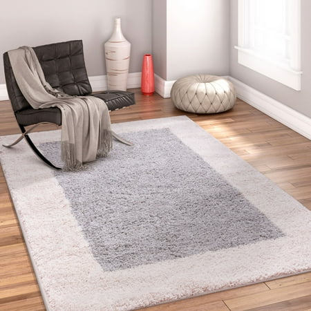Sand 3x5 Area - Porta Border Modern Geometric Shag 3x5 (3'3'' x 5'3'') Area Rug GreyBeige Plush Easy Care Thick Soft Plush Living Room