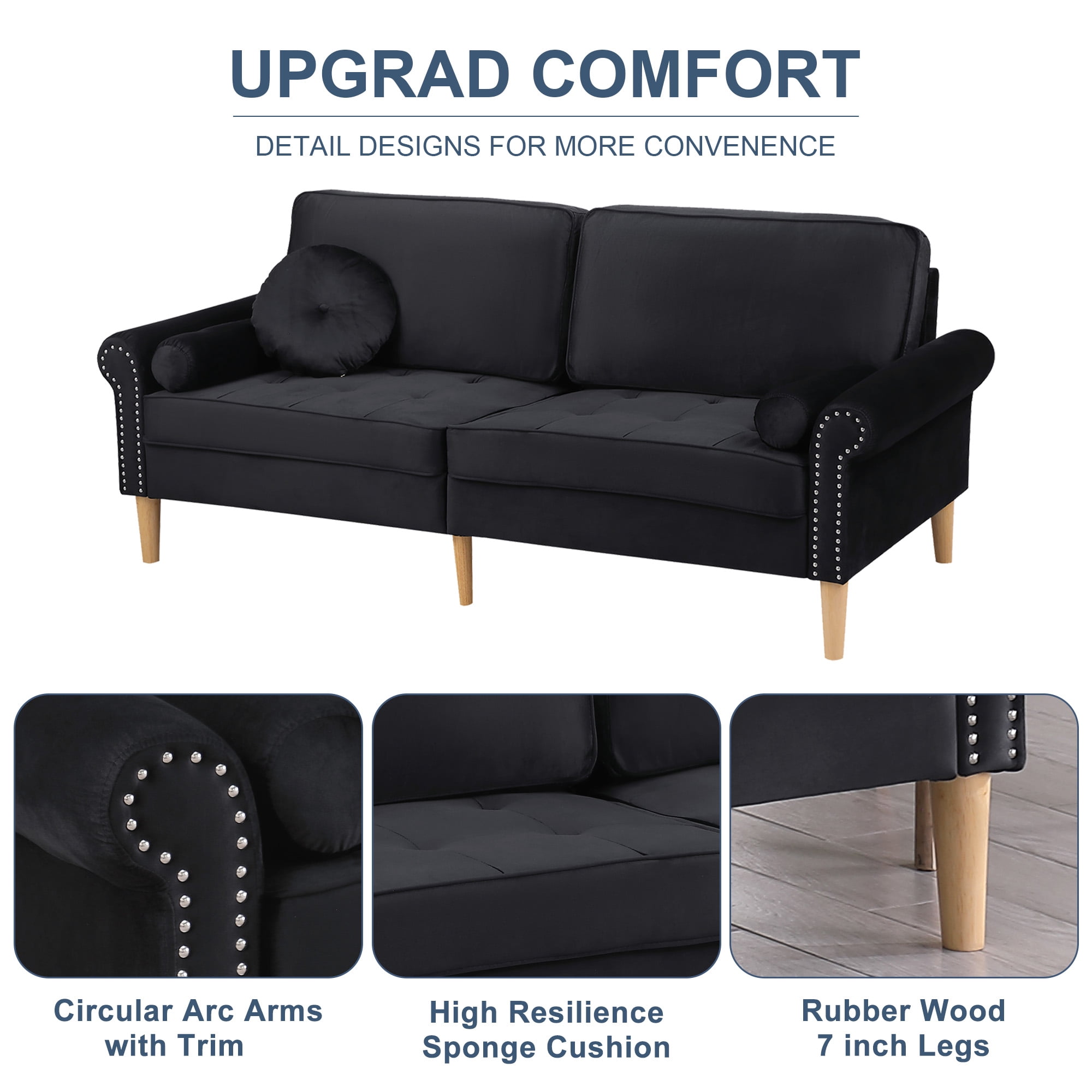 Aukfa 77.2" Sofa Couch, 3-Seater Sofa with Copper Nail and 3 Pillows, Velvet Loveseat for Living Room - Black