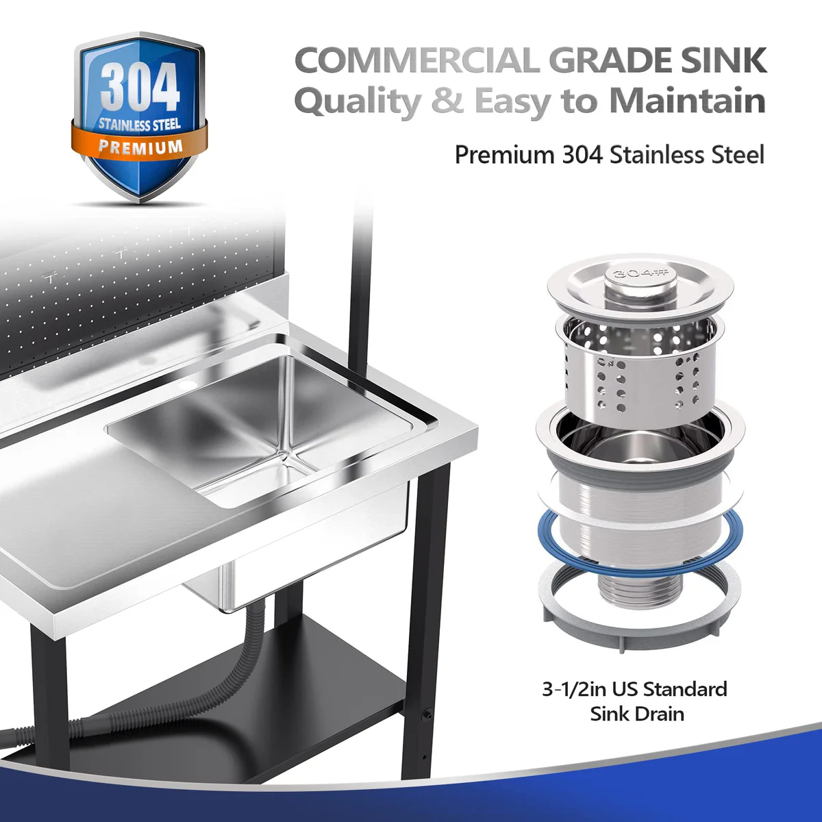 Ktaxon 36" × 21" Stainless Steel Utility Prep Sink with Drainboard, Freestanding One Compartment Sink with Adjustable Shelves & 3.5" Drain