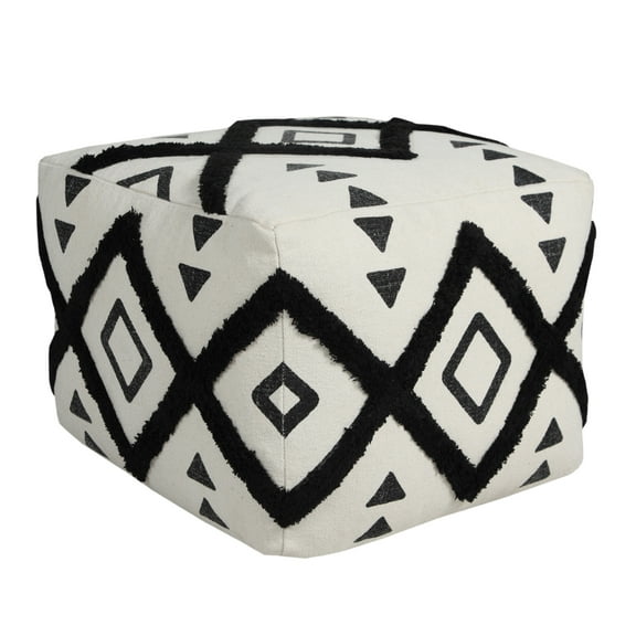 LR Home Small Over-tufted Diamond Indoor Square Pouf, Black/White, 18" x 18" x 14"